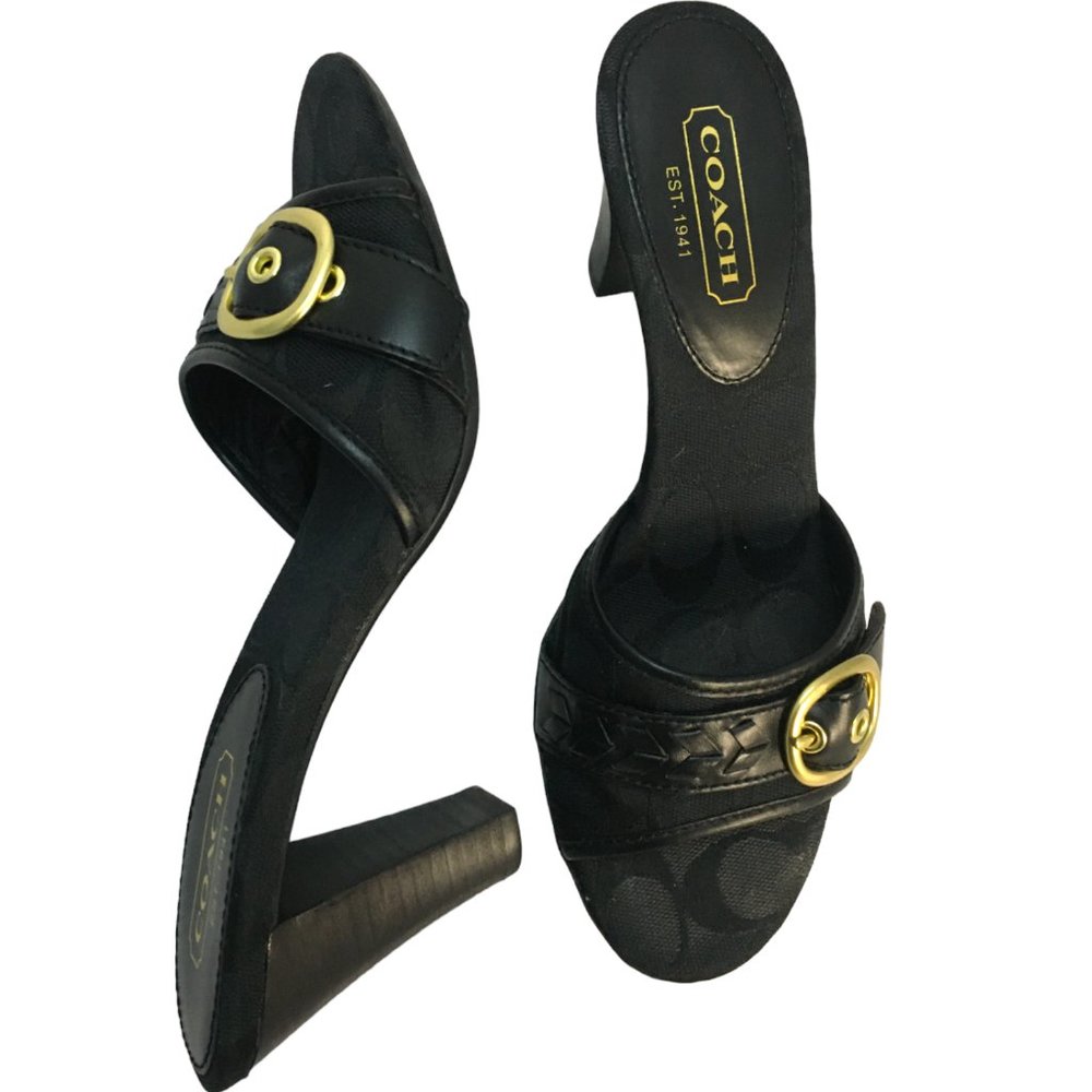 Coach Black & Gold Buckle Mules - monogram jacquard & leather